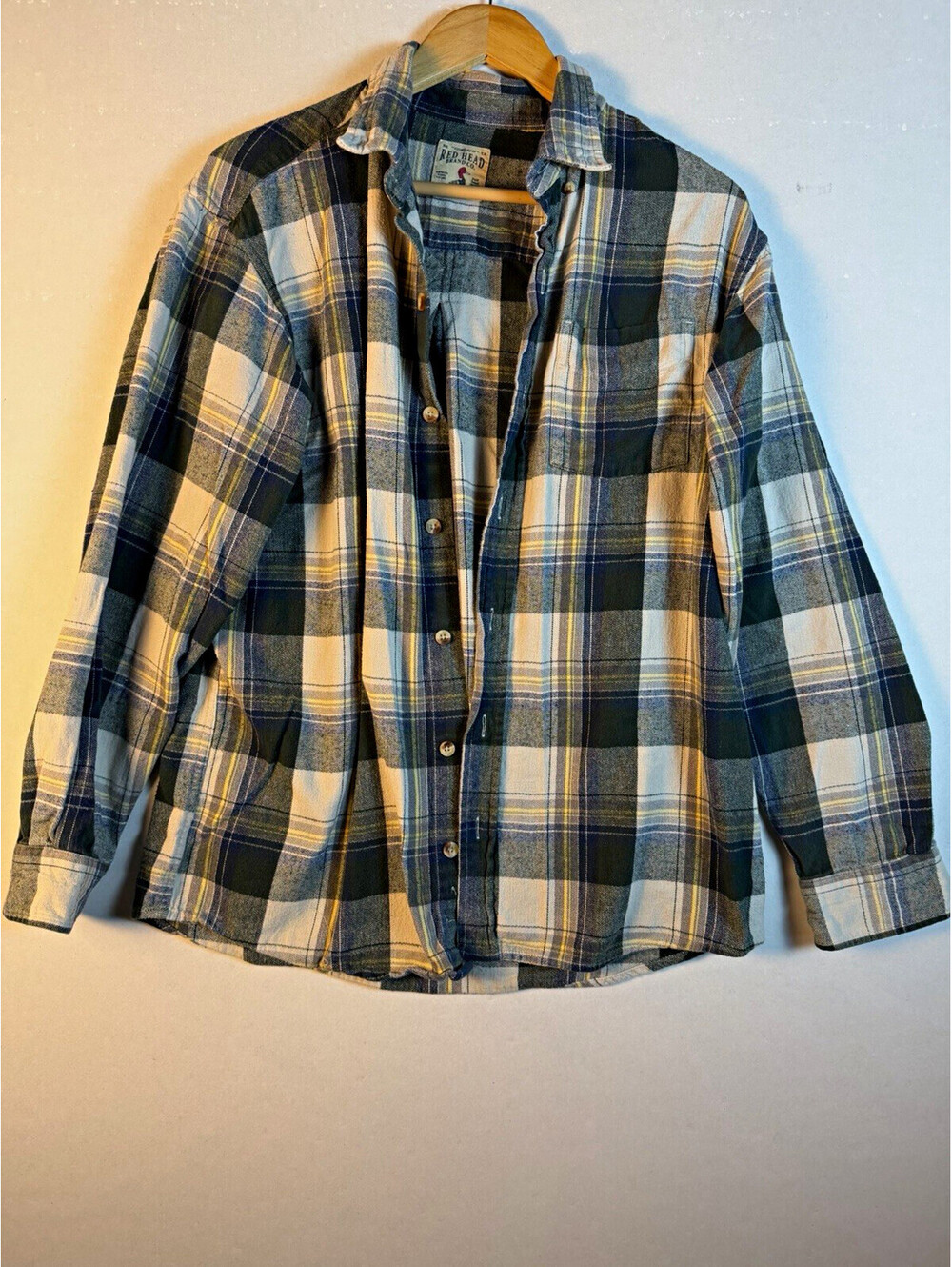 RedHead Men's L Blue Gray Plaid Cotton Flannel Long Sleeve Button-Up Pockets